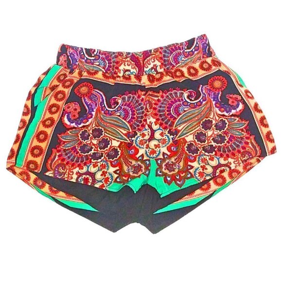 FRANCESCA'S COLLECTIONS WOMEN'S SHORTS  BLACK ORANGE & GREEN PAISLEY PRINT - Picture 1 of 4
